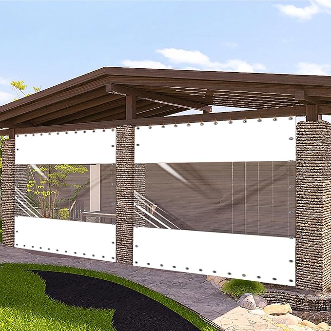20 Oz Outdoor Vinyl Curtain, Outdoor Clear Panel Curtain, Weather Resistant Outdoor Curtain for Pergola, Porch, Gazebos, with Rustproof Grommets (8'H x 10'W, White)