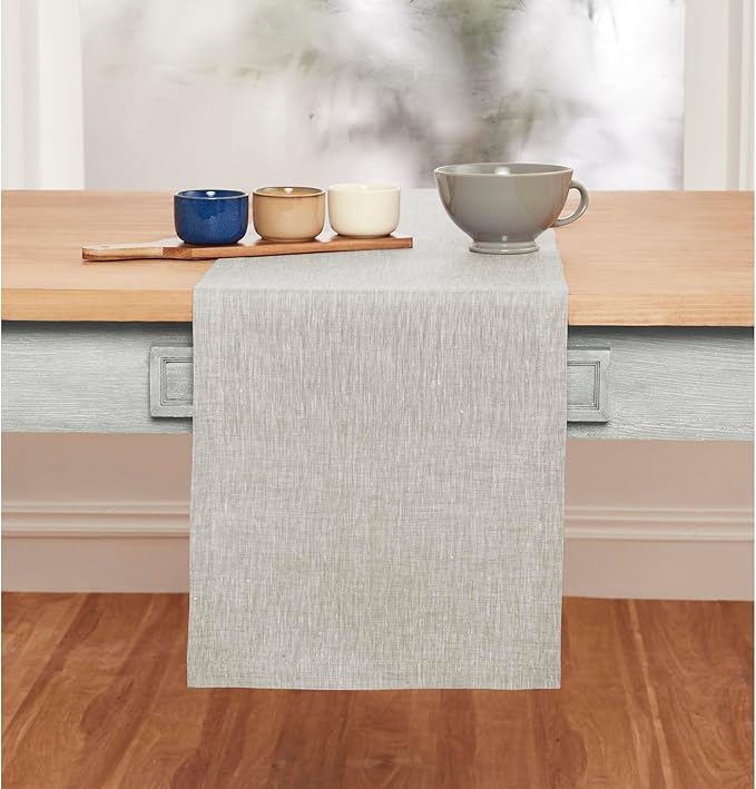 Solino Home Linen Short Table Runner 36 Inches - Athena, 100% Pure Linen Oyster Grey Table Runner 14 x 36 Inch Ideal for Dresser and Coffee Tables - Spring, Easter