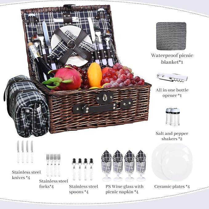 Neti Neti Wicker Picnic Basket for 4 with Insulated Cooler & Waterproof Blanket – Large Willow Picnic Hamper for Outdoor, Camping, Beach, Romantic Dates, Valentine’s Day