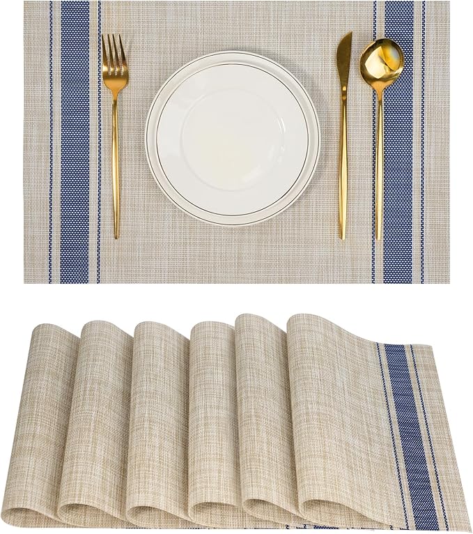 Placemats Set of 6，Non-Slip PVC Weave Table Mats Easy to Clean，Heat Resistant Place Mats for Kitchen Dining Table Decoration Indoor Outdoor，Khaki Blue