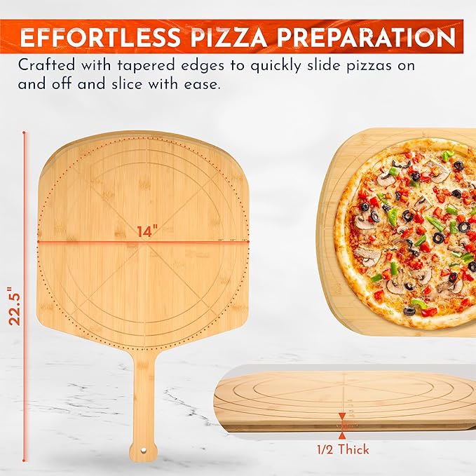 Loftern Wooden Pizza Peel 14 Inch Board with Engraved Sizes - Multi-Purpose Bamboo Pizza Cutting Board, Wood Pizza Peel, Pizza Spatula Paddle, and Serving Board with Size and Cutting Guide