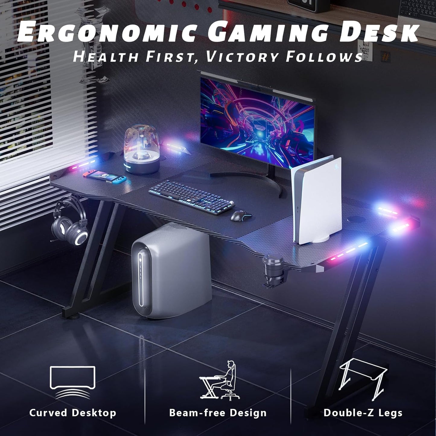 HLDIRECT 55 Inch Gaming Desk with LED Lights Carbon Fibre Surface Gaming Table Large Computer Desk Ergonomic Home Office Desks Z Shaped PC Gamer Workstations with Cup Holder & Headphone Hook Black