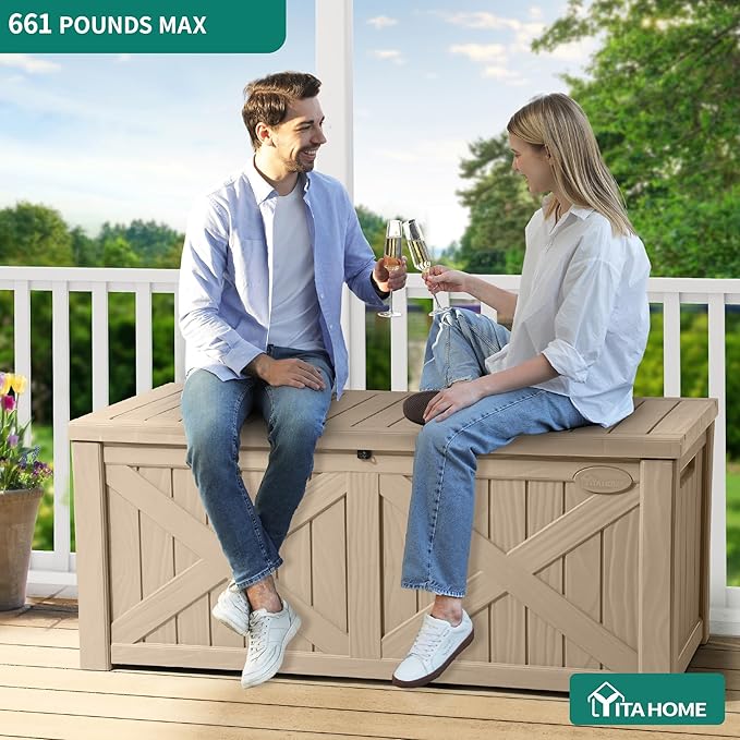 YITAHOME 120 Gallon Large Outdoor Storage Box with X-Shaped Front, Waterproof Resin Deck Box Cushion Storage Bench for Patio, Pool Supplies, Garden Tools- Lockable, Taupe