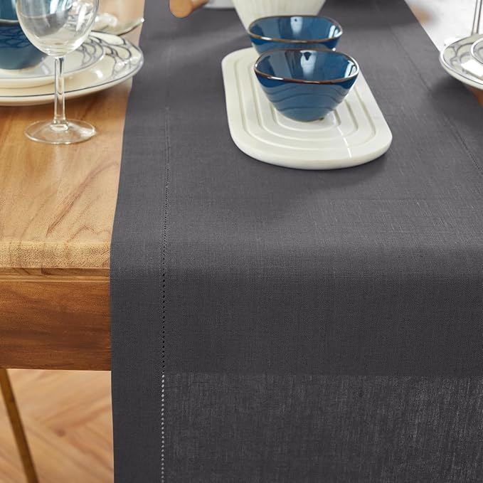 Solino Home Linen Table Runner 108 Inches Long - 100% Pure Linen Charcoal Table Runner 14 x 108 Inch for Winter - Medium Weight Hemstitch