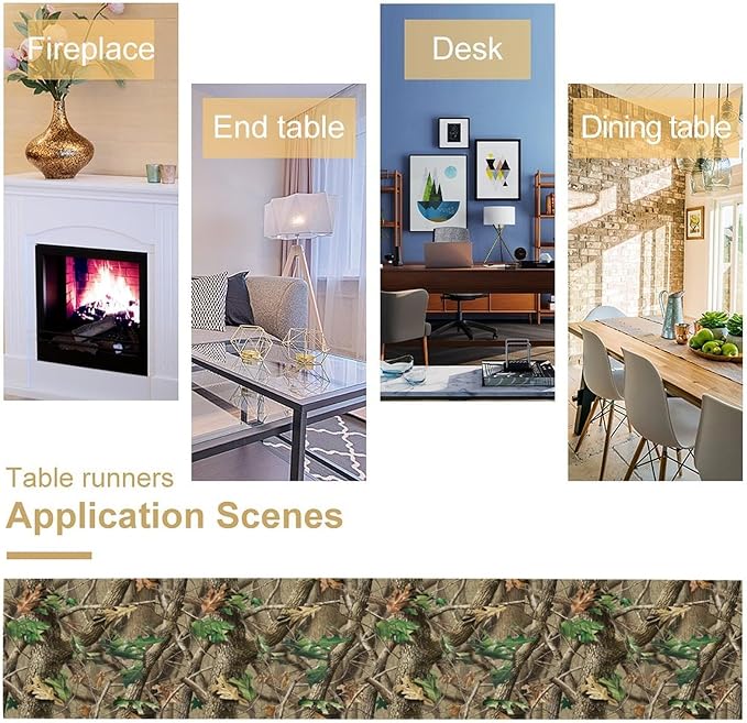 Forest Camouflage Table Runner, Camo Conifer Oak Branches Mossy Hunting Lodge Camp Cabin Table Runner for Kitchen Dining Room Party Camping 13x70in