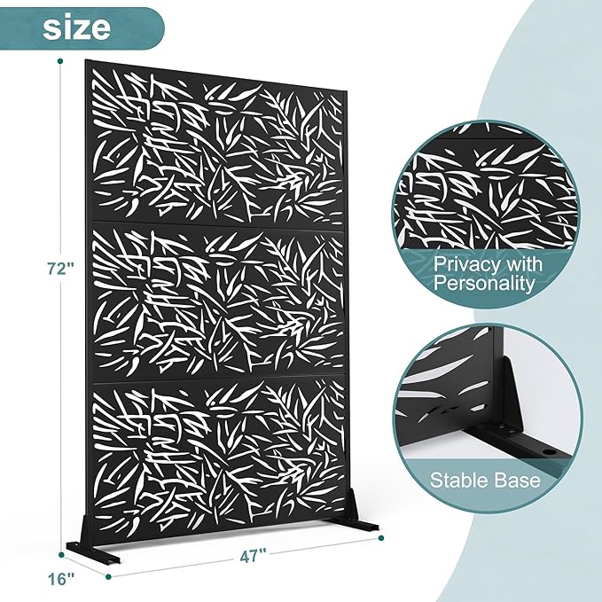 Metal Privacy Screen Outdoor Freestanding Privacy Wall Panels and Decorative Patio Dividers, Crafted from Steel with Sun-Proof Design, Ideal for Patio, Deck, Garden,72" H×47" L（Black&Bamboo）