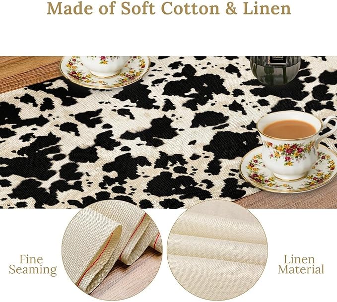 Cow Print Table Runner, Black White Animal Fur Skin Rustic Cowhide Pattern Table Runner for Kitchen Farmhouse Dining Home Outdoor Party 13x60in