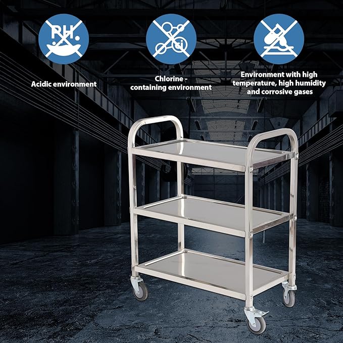 3 Shelf Stainless Steel cart,400 lbs,1MM Thick，Serving cart with Wheels, Household, Service Trolley,360°Rotation Storage Shelf with Locking Wheels 29.5 * 15.7 * 37.4'' L*W*H S.