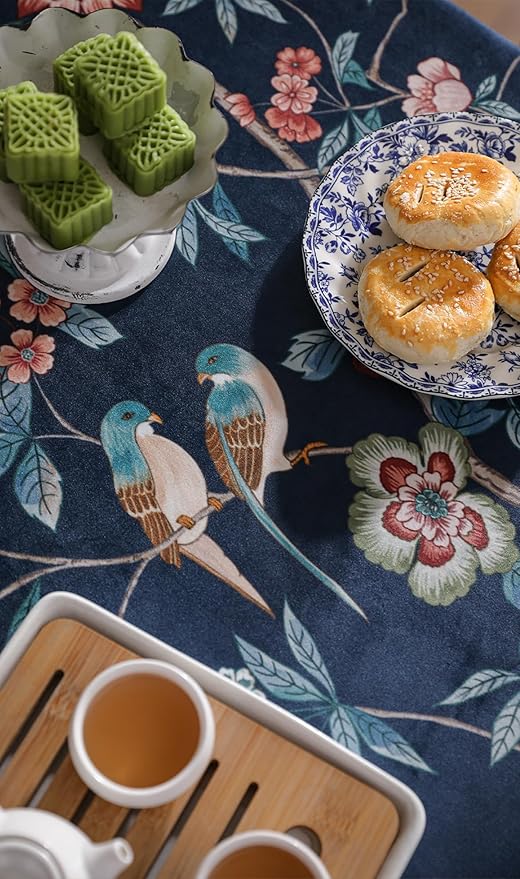 patdrea Designer Dark Blue Linen Rectangular Tablecloth,Vintage Navy French Floral and Birds Pattern Table Cloth,Decoration Table Cover for Kitchen,Dining,Tea Party,Home,Christmas,67"*118"