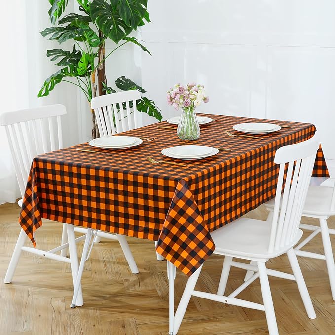 Romanstile Rectangle Vinyl Tablecloth, 100% Waterproof Buffalo Gingham Plastic Table Cloth, Heavy Duty Wipeable Checkered Table Covers for Outdoor, Camping, Picnic, Patio - 54 x 120, Black and Orange