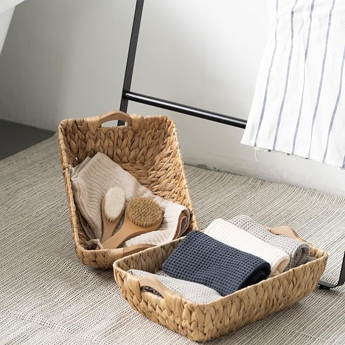 FairyHaus Wicker Baskets with Handles, Natural Wicker Basket for Organizing Shelves, Small Hand Woven Water Hyacinth Storage Baskets Set of 2, 14.96x10.04x4.73