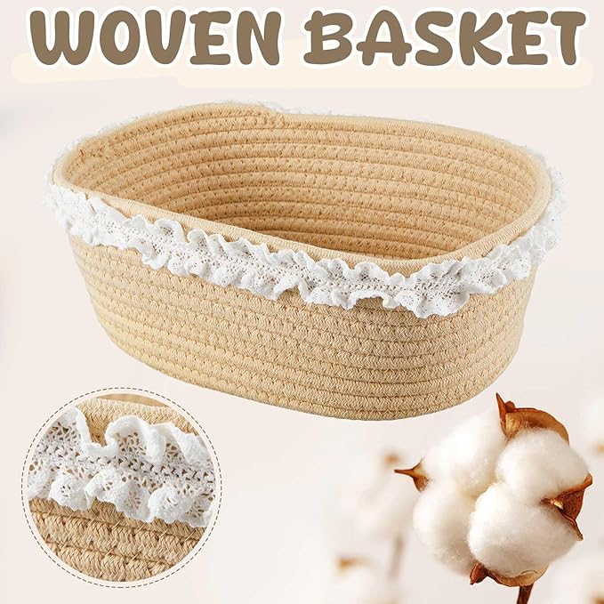 2 Pcs Small Wicker Hand-Woven Rattan Baskets with Clear Gift Bags and Lace Ribbons 12"X 8" X 5" for Baby Diaper Caddy Basket Baby Shower Gifts Easter Egg Storage