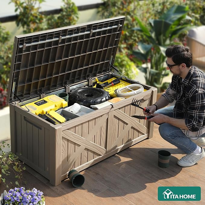 YITAHOME 120 Gallon Large Outdoor Storage Box with X-Shaped Front, Waterproof Resin Deck Box Cushion Storage Bench for Patio, Pool Supplies, Garden Tools- Lockable, Taupe
