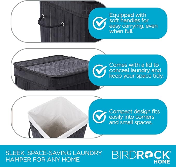 BIRDROCK HOME Square Laundry Hamper with Lid and Cloth Liner, Medium Basket with Soft Handles, Durable Collapsible Fabric Bin for Clothes,Towels, Dorm, Narrow Closet, Bedroom, Dirty Laundry - Espresso