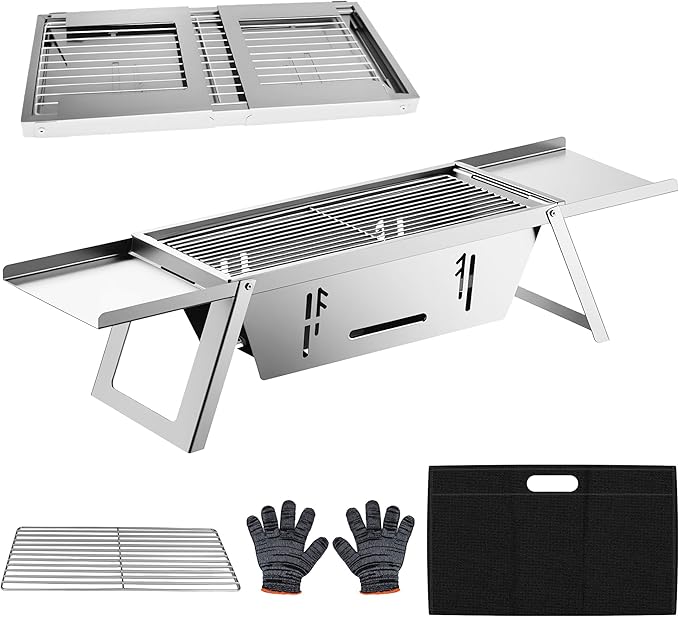 Foldable Small Charcoal Grill, Portable Stainless Steel Charcoal Grill, Tabletop Yakitori Grill for Outdoor Cooking, Travel Camping, BBQ, Tailgating, Picnics, High-Temp Resistant for 2-3 People