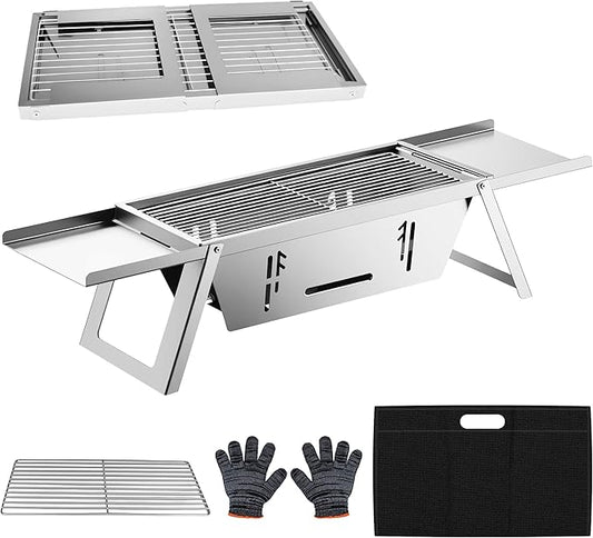 Foldable Small Charcoal Grill, Portable Stainless Steel Charcoal Grill, Tabletop Yakitori Grill for Outdoor Cooking, Travel Camping, BBQ, Tailgating, Picnics, High-Temp Resistant for 2-3 People