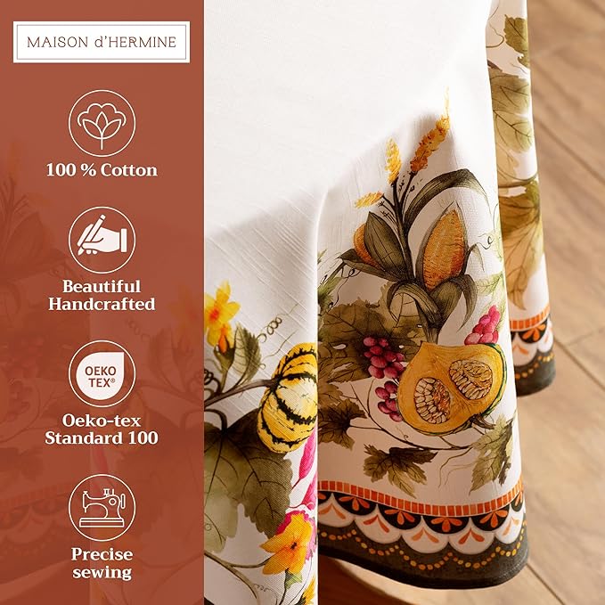 Maison d' Hermine Table Cloth Round Table 100% Cotton 63 Inches Fall Tablecloth Reusable Everyday Use for Thanksgiving Christmas Decorations Dining Farmhouse Party (Pumpkin Garden - Cloudy Cream)