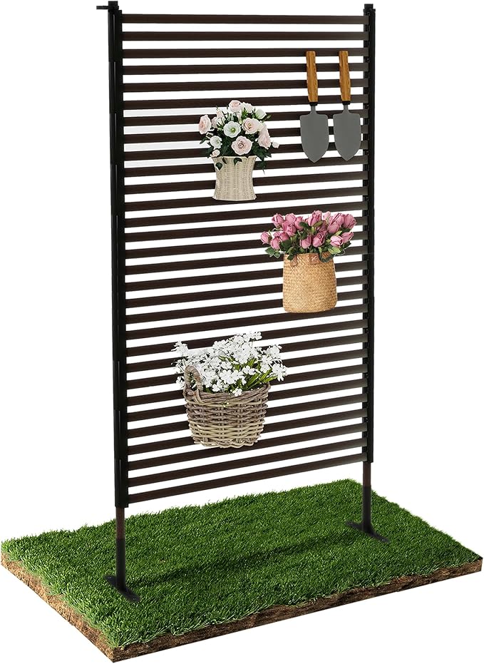 Outdoor Privacy Screen Fence with Feet Stand 3FT x 6FT, Freestanding Fence Privacy Screen for Outside, Metal Pipes and Slats Panels Divider Stake for Garden Patio Balcony Backyard Brown