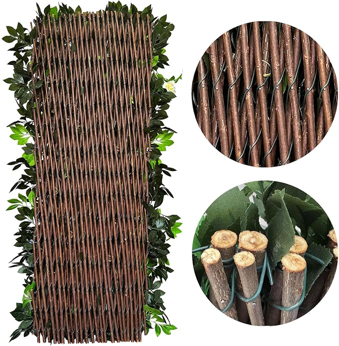 Expandable Fence Privacy Screen for Balcony Patio Outdoor,Decorative Faux Ivy Fencing Panel,Artificial Hedges (Single Sided Leaves) (2, Branches -White Fowers)