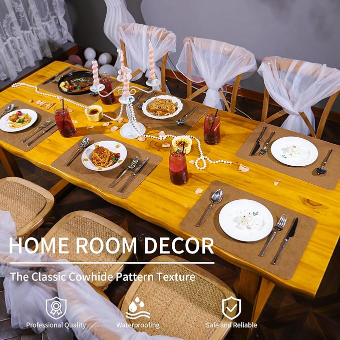 Cowhide Pattern Faux Leather Placemats Set of 6,Heat Resistant Non-Slip Waterproof Wipeable Washable Kitchen Dining PU Table Place Mats,Double-Sides Available,Light Coffee
