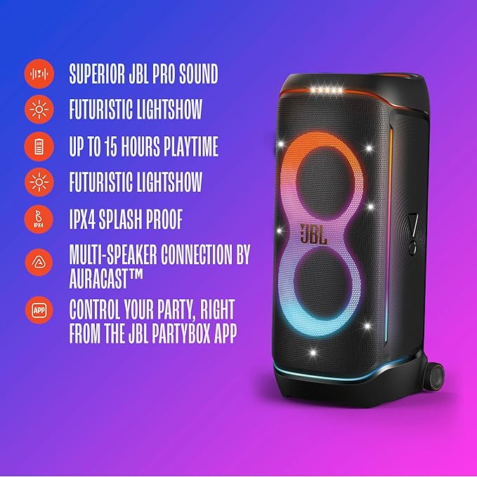 JBL PartyBox 720 - Loudest Battery-Powered Party Speaker with Superior Pro Sound and a Futuristic lightshow, Up to 15 Hours Playtime & IPX4 Splash Proof (Black)