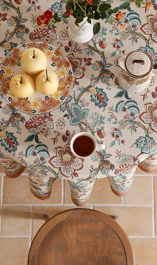 Designer Linen Round Tablecloth,Vintage Indian Style Wrinkle Free Block Print Table Cloth,Decorative Table Cover for Kitchen,Dining,Party,Thanksgiving,Christmas,Diameter 67"-Mangala