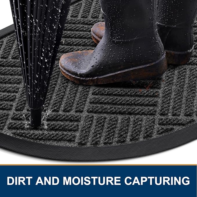 Smiry Half Circle Front Door Mat Outside Entrance, Heavy Duty Outdoor Indoor Natural Rubber Doormat, Non Slip, Trap Dirt and Moisture, Easy Clean, Low Profile Patio Porch Entryway Mat, 29.5x17, Black