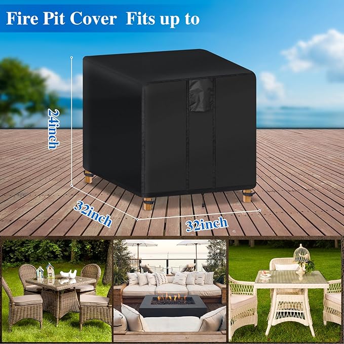 Fire Pit Cover Square- Waterproof Firepit Covers Square (32L x 32W x 24H inches, Black) Outdoor Fireplace Cover Weatherproof and Non Fading