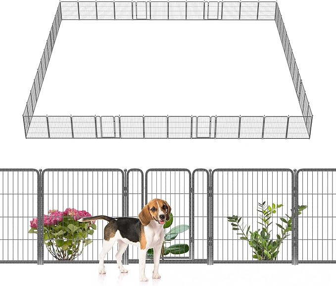 FXW Garden Fence Outdoor for The Yard – 32in(H) x 109.4ft(L) Heavy Duty Metal Animal Barrier for Dog and Rabbit, Decorative Dog Fence, 48 Panels, Silver
