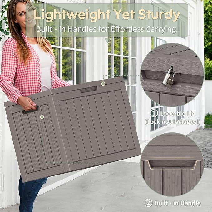 NUNU LAB Outdoor Storage Box, 45 Gallon Outside Deck Box Waterproof, Resin Outdoor Storage Cabinet With Lockable Lid, Backyard Storage Bench For Garden Tools, Patio Cushions, Pool Tools, Gray