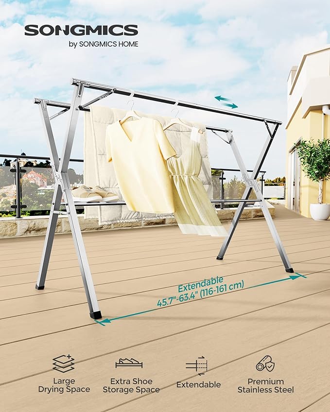 SONGMICS Clothes Drying Rack, Heavy-Duty Laundry Drying Rack, 45.7-63.4 Inches Extendable, Foldable Freestanding Airer, Stainless Steel, for Indoor Outdoor Use, Dove Gray ULLR901E01