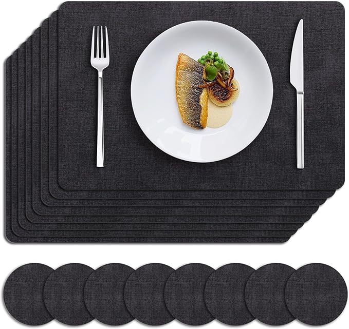 MOSAYT Placemats Set of 8, Heat Resistant Vinyl Place Mats with Coasters, Wipeable Washable 100% Waterproof Oil Proof Faux Leather Table Mats for Kitchen Dining Party Outdoor, 12" x 17", Black