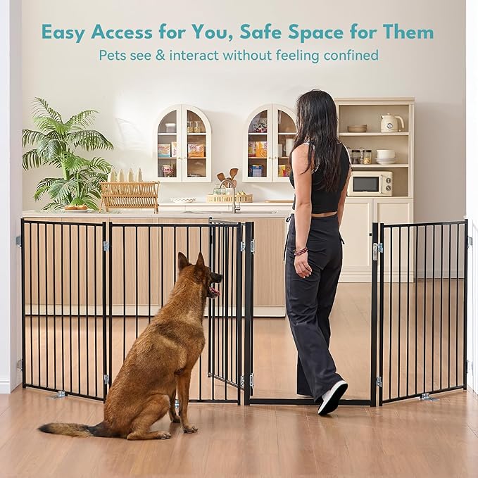 No Pawblems Free Standing Dog Gate with Door, 36'' Tall Foldable Dog Fence for Indoor & Outdoor, Up to 156 Inch Extra Wide Puppy Gate for Stairs, Hallways, Doorways, Deck, Yard (Black, 6 Panels)