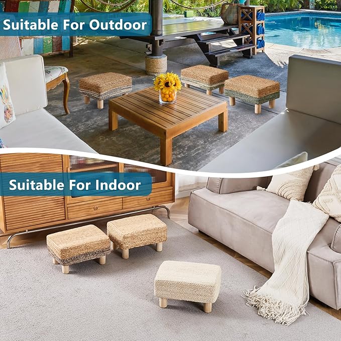 Wimarsbon Natural Seagrass Footstool Ottoman Rectangular Footrest Pouf Ottomans with Wooden Legs Hand Weave Step Stool for Living Room Bedroom Entryway Natural White