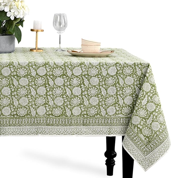 CPC Olive Bloom Tablecloth 100% Cotton 70x118 Inch Indian Block Print Rectangle Table Cover, Table Cloth for Gifting in Weddings, Halloween, Fall, Christmas, Thanksgiving