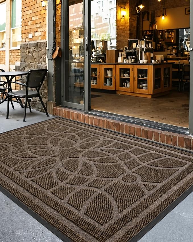 DEXI Front Door Mat Outside Entrance, Heavy Duty Non Slip Low Profile Doormat for Entryway, Trap Dirt and Moisture Welcome Mats, Easy Clean, Patio, Garage, 5x3, Brown