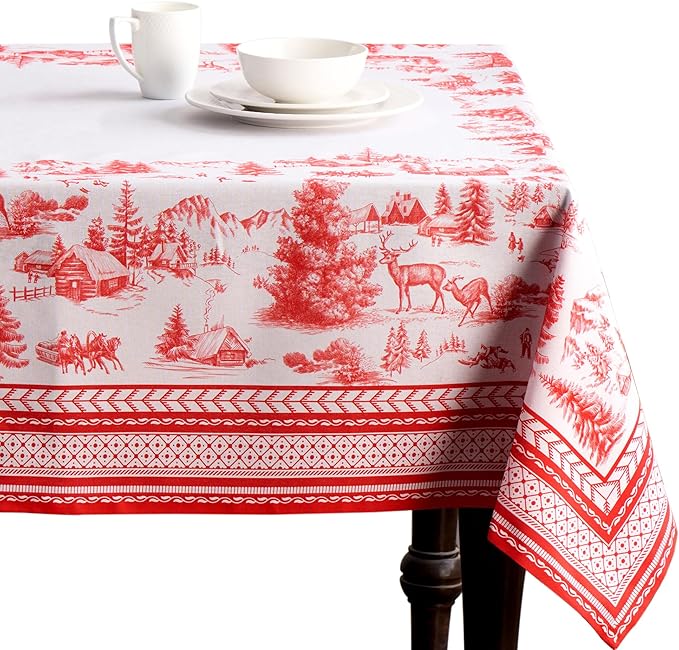 Maison d' Hermine Table Cloth Rectangle Table 100% Cotton 70 x 108 Inches Fall Tablecloth Reusable Everyday Use for Thanksgiving Christmas Decorations Dining Farmhouse Party (Winter Jouy)