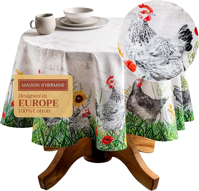 Maison d' Hermine Table Cloth Round Table 100% Cotton 69 Inches Tablecloth Reusable Decorative Everyday Use for Dining Room, Farmhouse, Home, Party, Festive & Wedding Spring Summer - Basse Cour