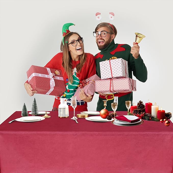 Nasitos 2 Pack Christmas Table Cloth Rectangle 60x120 Inch-Vinyl Plastic Red Tablecloth with Flannel Backing 100% Waterproof, Stain Resistant, Wipe Clean Table Covers for Kitchen Dining Parties