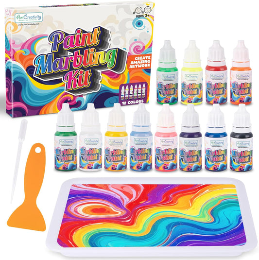 ArtCreativity Water Marbling Paint Art Kit for Kids - Complete Set with 12 Paint Colors, 10 Bags Thickening Powder, 10 A5 Papers, and More - Marble Art Painting Kit - Crafts for Kids Ages 3 and Up