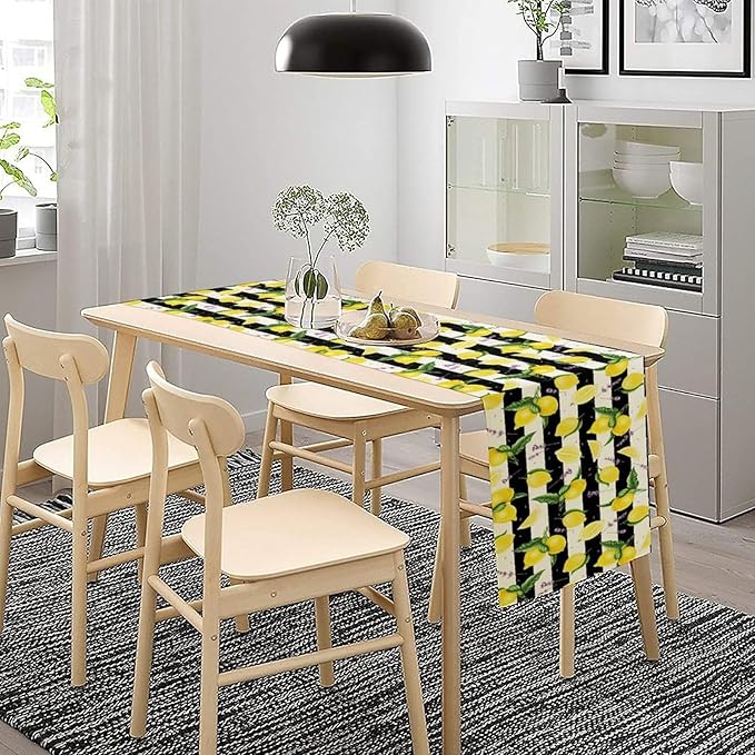 Farmhouse Lemon Fruit Table Runner Nature Aesthetic Black White Stripe Flowers Plant Dining Table Decoration for Home Holiday Party Dresser Kitchen Cabin Restaurant Wedding Decor 13×108in