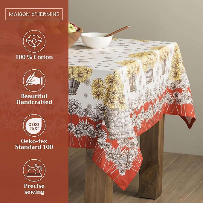 Maison d' Hermine Table Cloth Rectangle Table 100% Cotton 60 x 120 Inches Fall Tablecloth Reusable Everyday Use for Thanksgiving Christmas Decorations Dining Farmhouse Party (Bagatelle)
