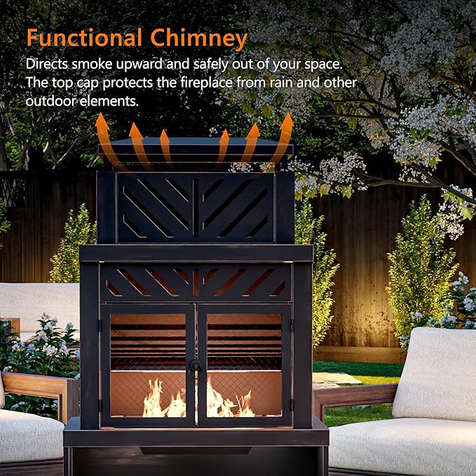 Outdoor Fireplace with Chimney and Wood Storage, Metal Wood Burning Fire Pit with Heat Resistant Gloves, Fire Poker and Grill Mesh, Outside Fireplace for Patio, Garden and Deck, Black