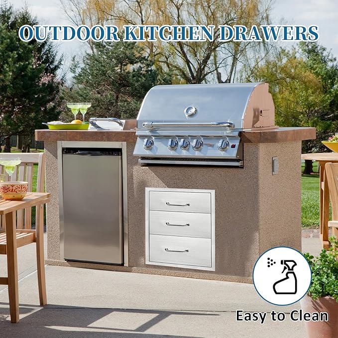 Outdoor Kitchen Drawers 15.7"Wx21.6"Hx17.7"D Flush Mount Access 3-Drawer BBQ Stainless Steel Drawers with Handle for Outdoor Kitchen Island or Grill Station