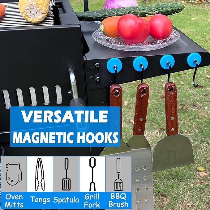 Strong Magnetic Grill Hooks, Heavy Duty Magnet Hooks for Refrigerator, 4 Pack Powerful Magnetic Hooks for Outdoor Grill Barbecue Tool Outdoor Hanging Refrigerator Kitchen, Blue