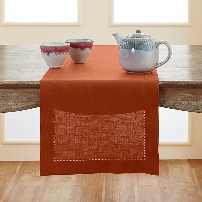 Solino Home Linen Cinnamon Table Runner 72 Inches Long - 100% Pure Linen Hemstitch Table Runner 14 x 72 Inch for Dresser, Dining - Classic Hemstitch