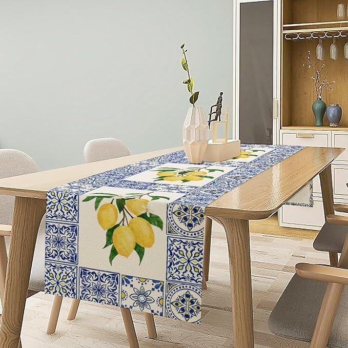 Yellow Lemon Table Runner, Blue Tiles Summer Holiday Tasty Fruit Healthy Fruit Vintage Watercolor Rustic Botanic Table Cover for Party Picnic Dining Room Kitchen, 13x120inch