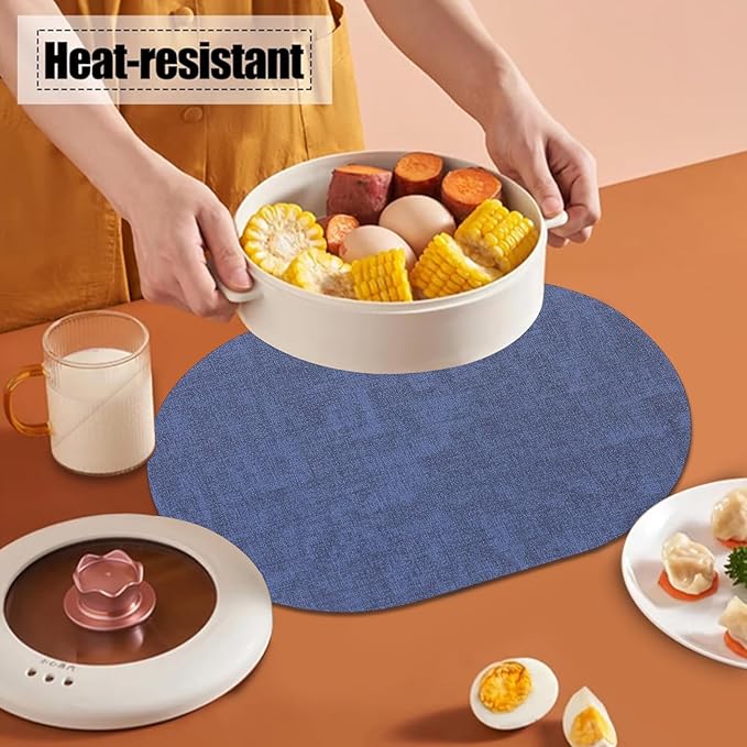 Reversible Placemats Set of 6 Oval,Navy Blue Faux Leather Placemat Waterproof Non Slip,Heat Resistant Wipeable Table Placemats for Dining Table,Modern Table Protectors