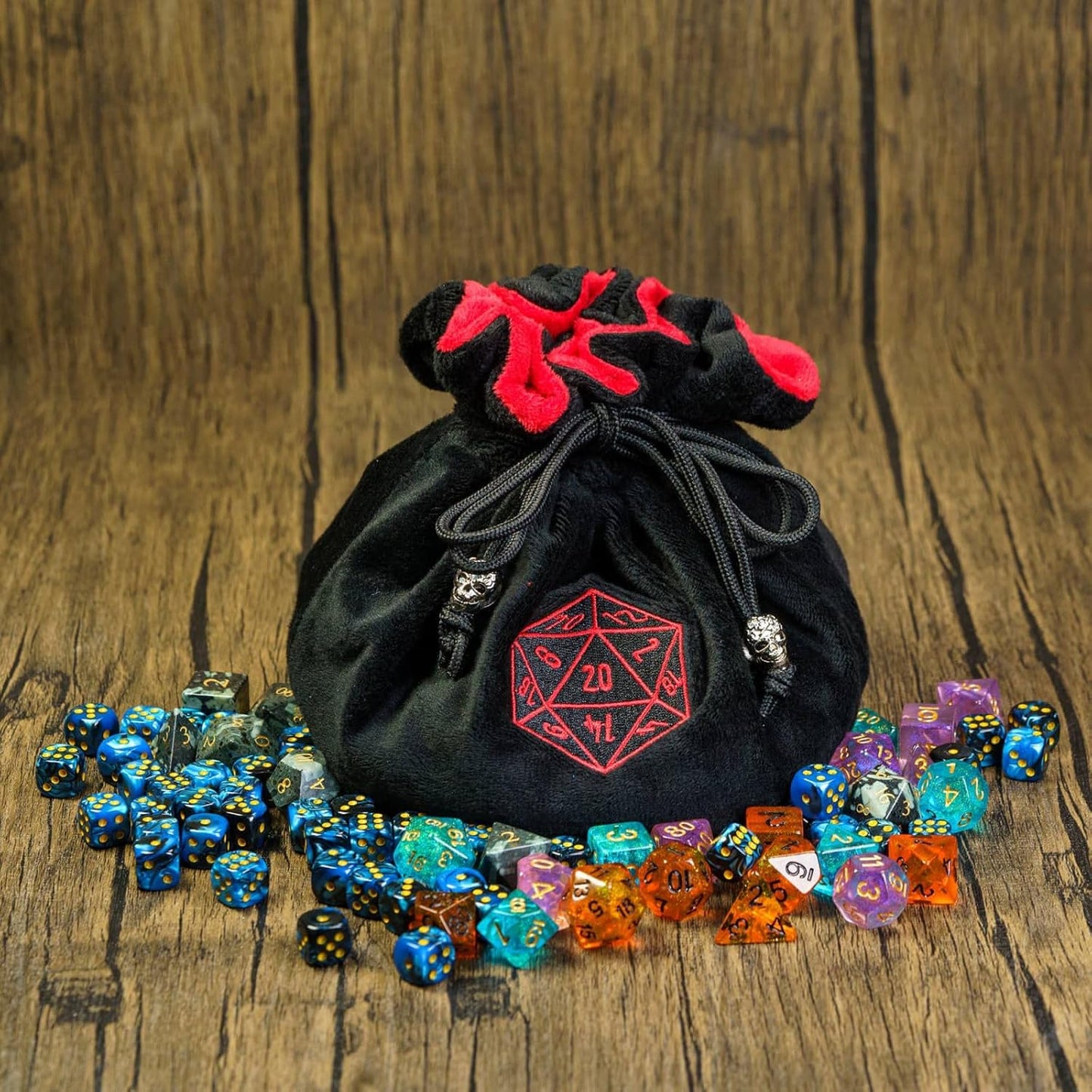Large Dice Bags with Pockets Black Storage Bag with Drawstrings D20 Logo for DND RPG Game Dices - Capacity 200+ Dice
