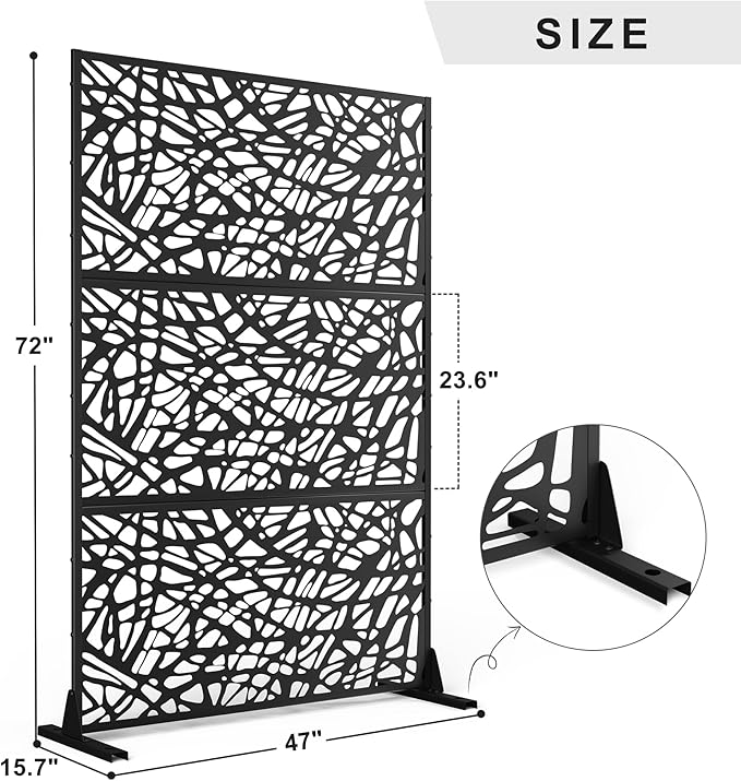 Elevens Metal Outdoor Privacy Screen, Freestanding Outdoor Divider Decorative Privacy Fence Screen,Outdoor Decorative Privacy Screens and Panels for Balcony Patio,72" H×47" W (Black-Mesh)